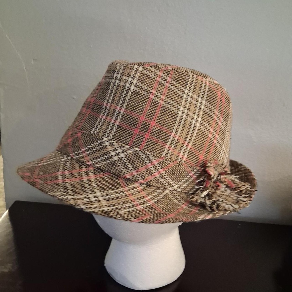 Womens Brown and pink fedora plaid wool blend cap with fringe detail on side